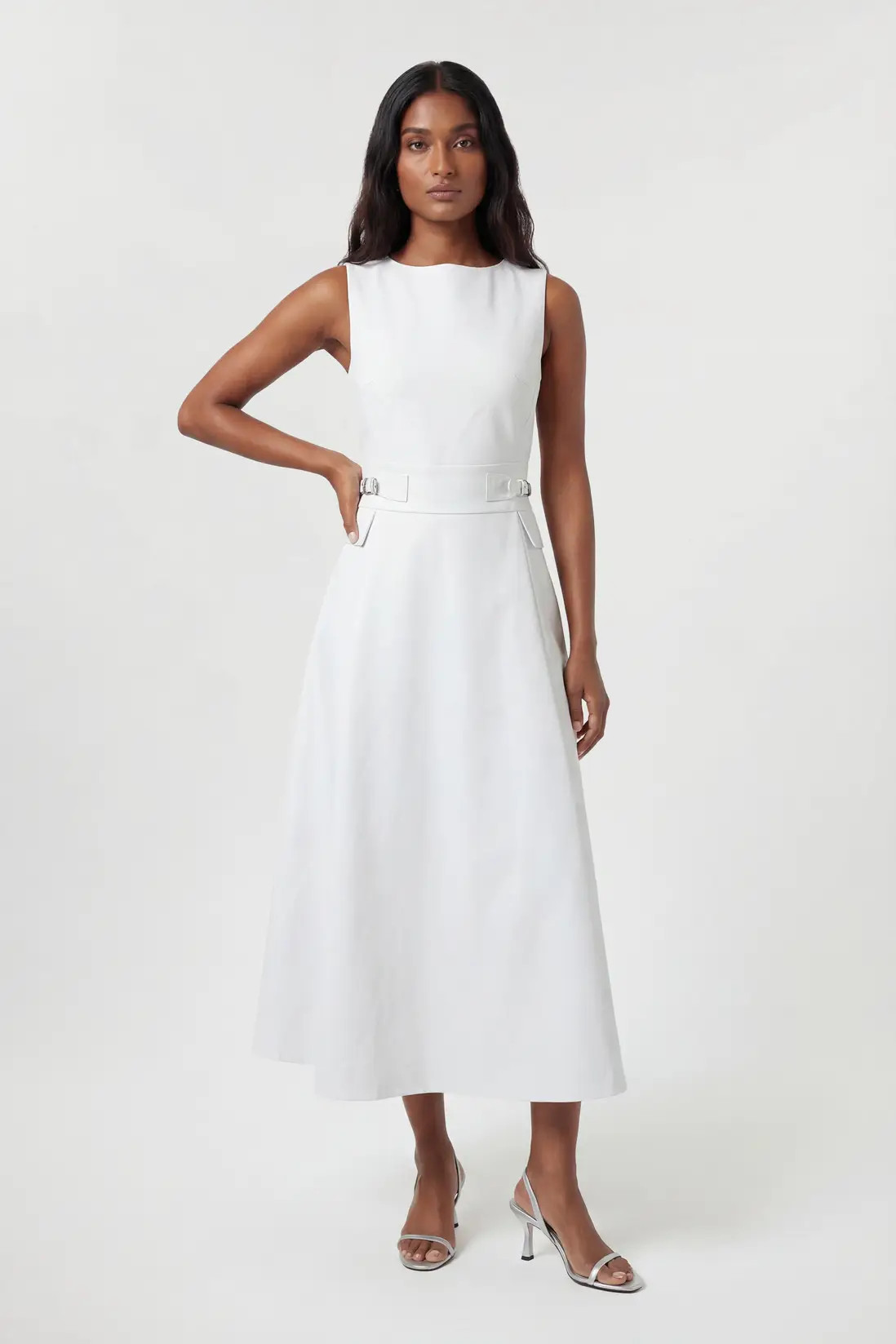 Petite Premium Cotton Tailored Fabric Belted Buckle Midi Dress | Karen Millen