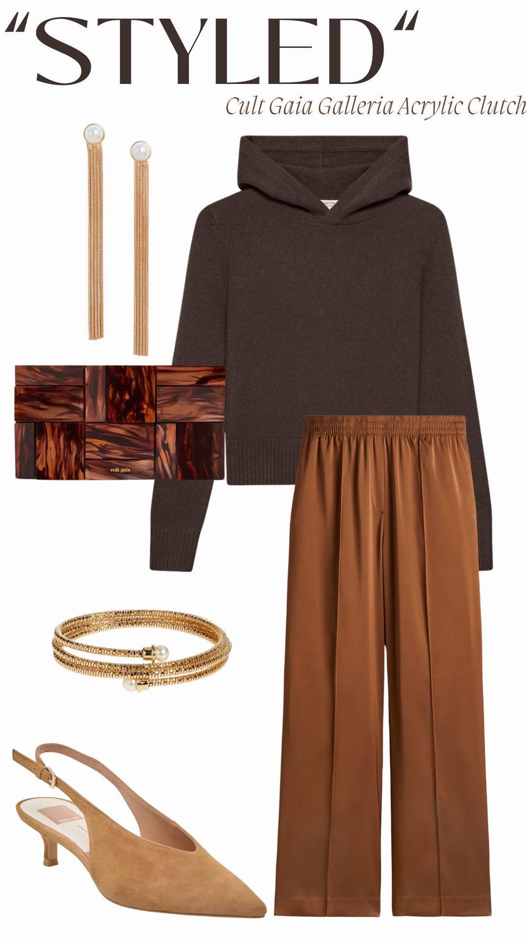 “Styled”
Cult Gaia Galleria Acrylic Clutch Bag

Brown Cashmere Hoodie: Aritzia
Brown Pants: H&M
Light Brown Suede Pump: Dolce Vita (Alenna Pump)
Pearl Chain Fringe Drop Earrings: Open Edit (Cultred Earring)
Faux Pearl Coil Bracelet: Nordstrom

#LTKStyleTip #LTKSeasonal #LTKWorkwear