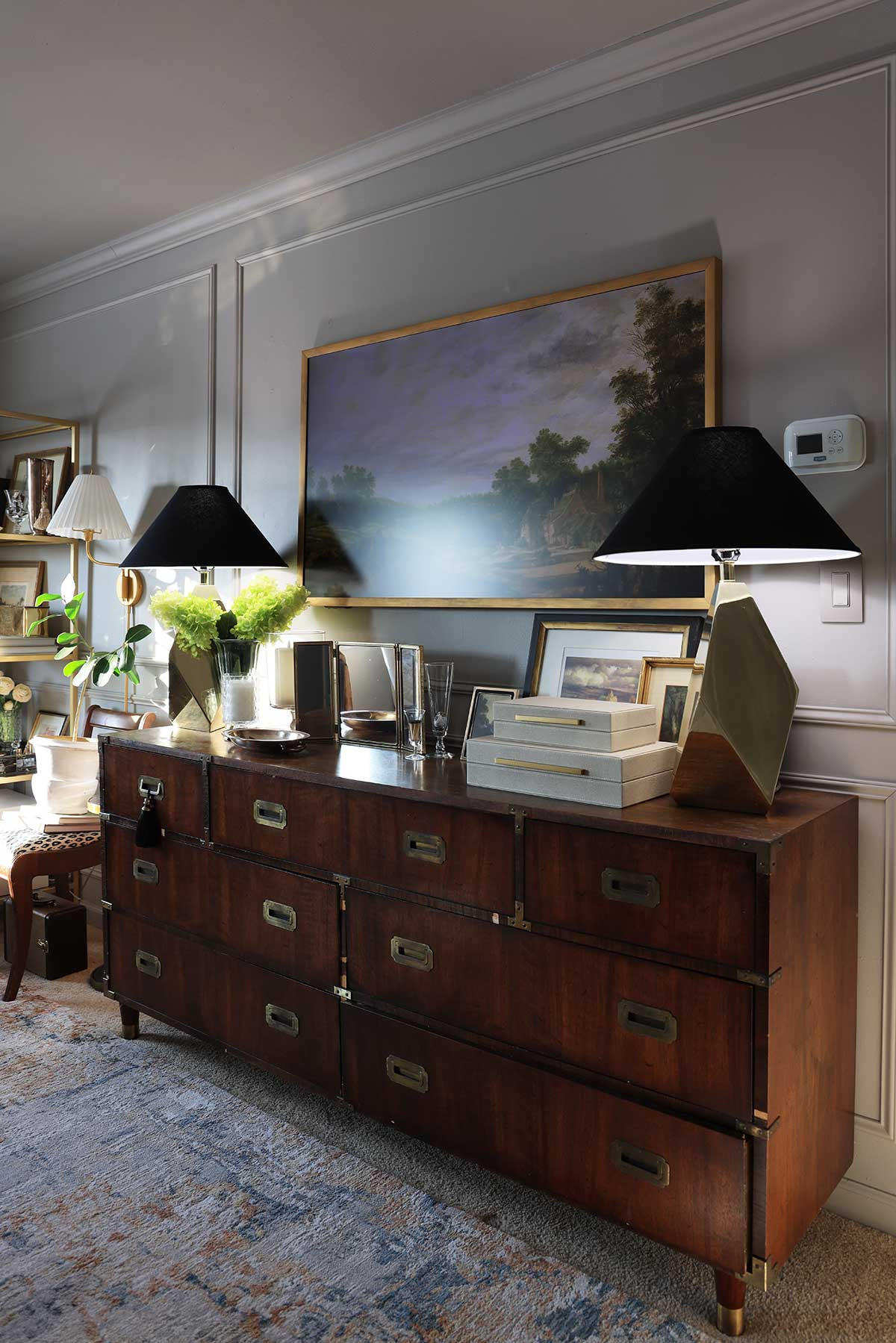 Style a bedroom dresser area | Canvas TV with frame | Bedside lamps | Campaign dresser | Stylish storage solutions 

 #LTKHome