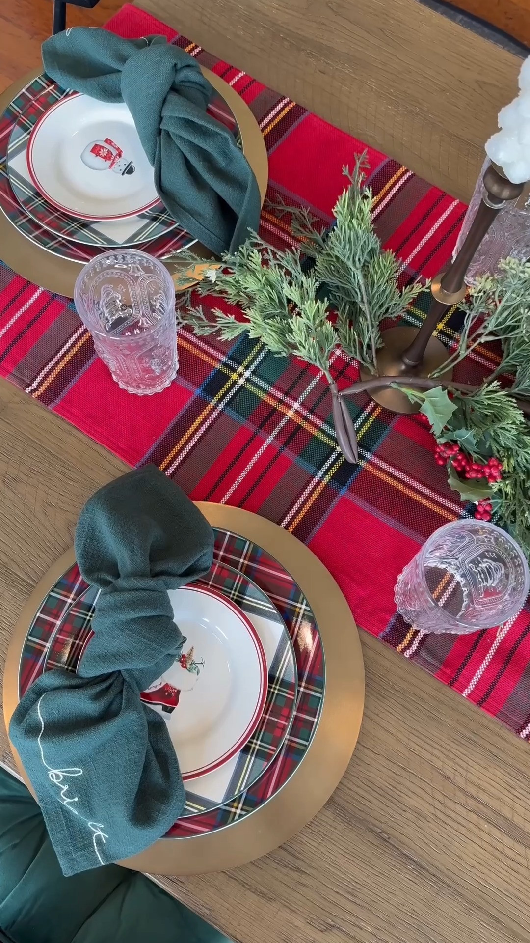 Pottery Barn Christmas Decor Tablescape🎅🏼✨ classic christmas tablescape, christmas decor, indoor christmas decor, christmas finds, pottery barn home decor, plaid charger, santa glassware, napkin, table runner, garland, greenery, Samantha Bauchmann 

 #LTKHoliday #LTKHome #LTKFindsUnder100