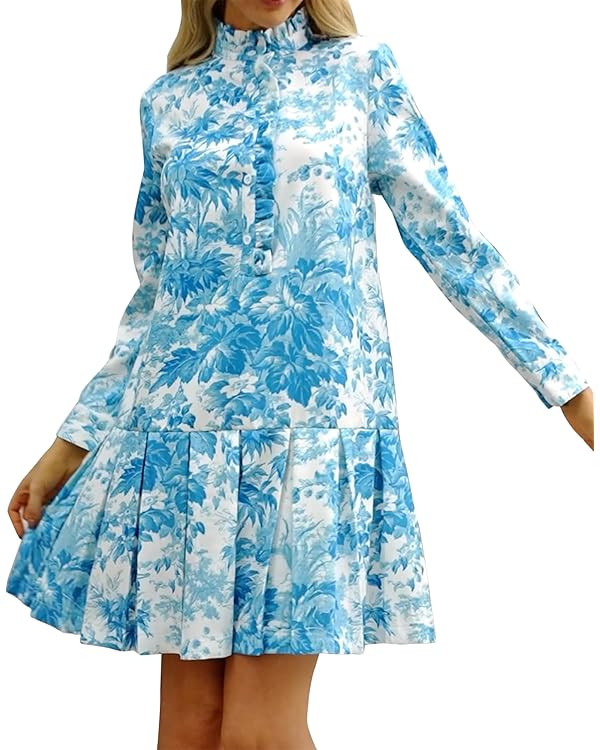 Women Floral Mini Dress Long Sleeve Stand Collar Button Up Elegant Work Swing Short Pleated Dress | Amazon (US)