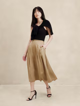 Slub Satin Pleated Midi Skirt | Banana Republic Factory
