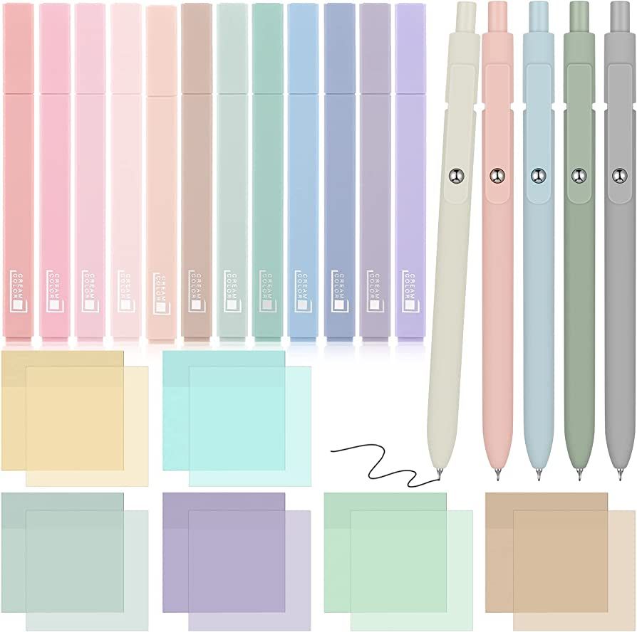 23 Pcs Aesthetic Pens with Pastel Transparent Sticky Notes Set Include 12 Pcs Aesthetic Highlight... | Amazon (US)