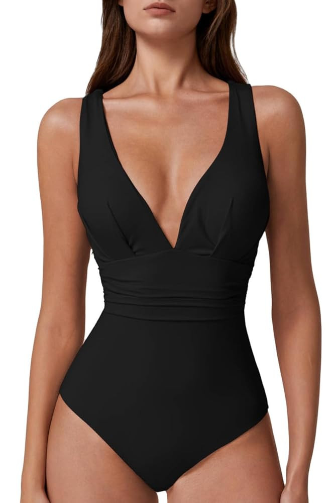 QINSEN Womens Sexy V Neck One Piece Bathing Suit Cross Back Swimsuit High Waist Monokini | Amazon (US)