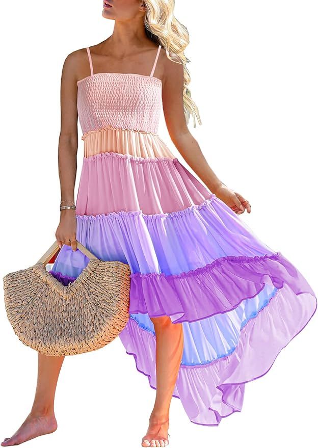 SAUKOLE Womens Summer Square Neck Sleeveless Dress Solid Ruffle A Line Beach Boho Long Maxi Dress... | Amazon (US)