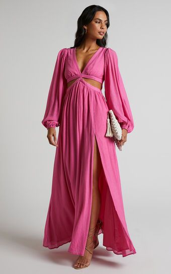 Paige Maxi Dress - Side Cut Out Balloon Sleeve Dress in Pink | Showpo (US, UK & Europe)