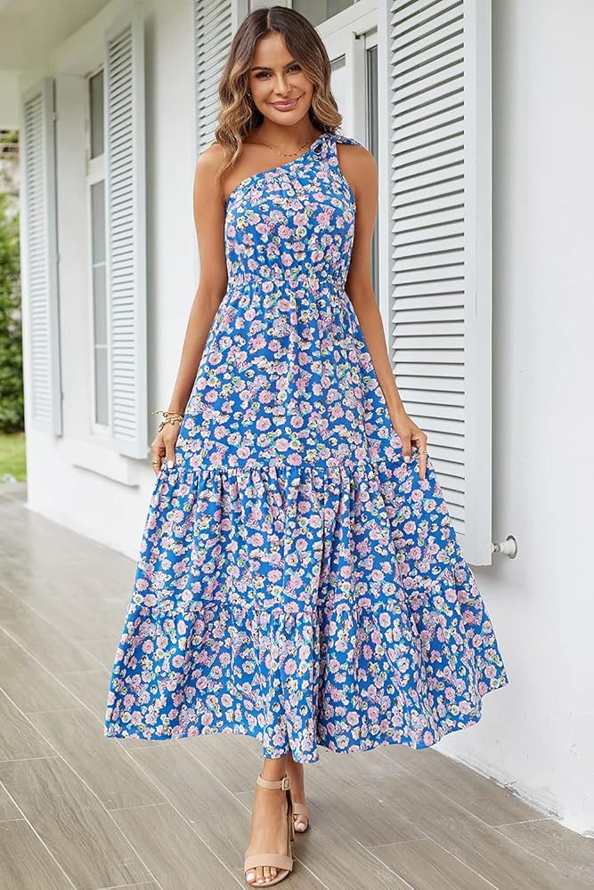 PRETTYGARDEN Women's Floral Summer Dress 2023 Knot One Shoulder Sleeveless Ruffle Hem Flowy Boho ... | Amazon (US)