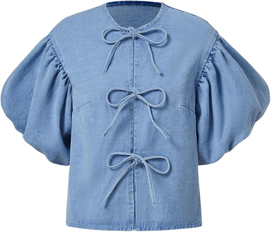 MakeMeChic Women's Denim Blouses Bow Tie Front Puff Sleeve Blouse Crew Neck Summer Jean Shirt Top | Amazon (US)