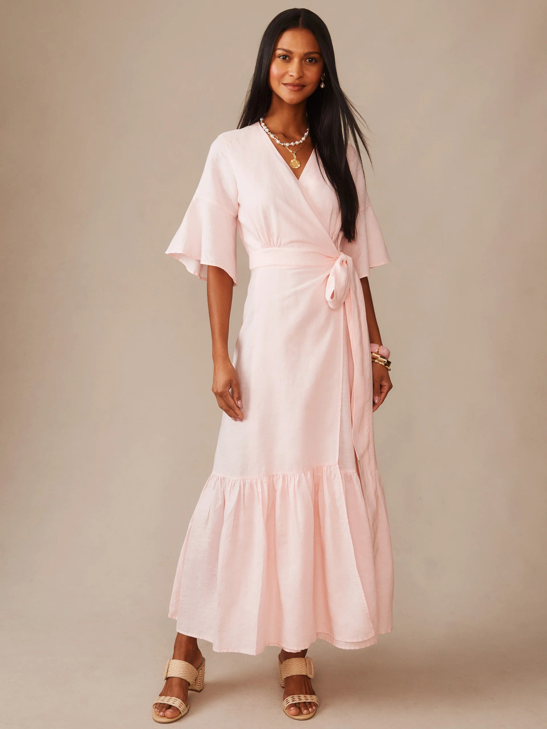 Lt_Blush_Pink Solid Emily Linen Blend Wrap Dress | Women's Dresses | J.McLaughlin | J.McLaughlin