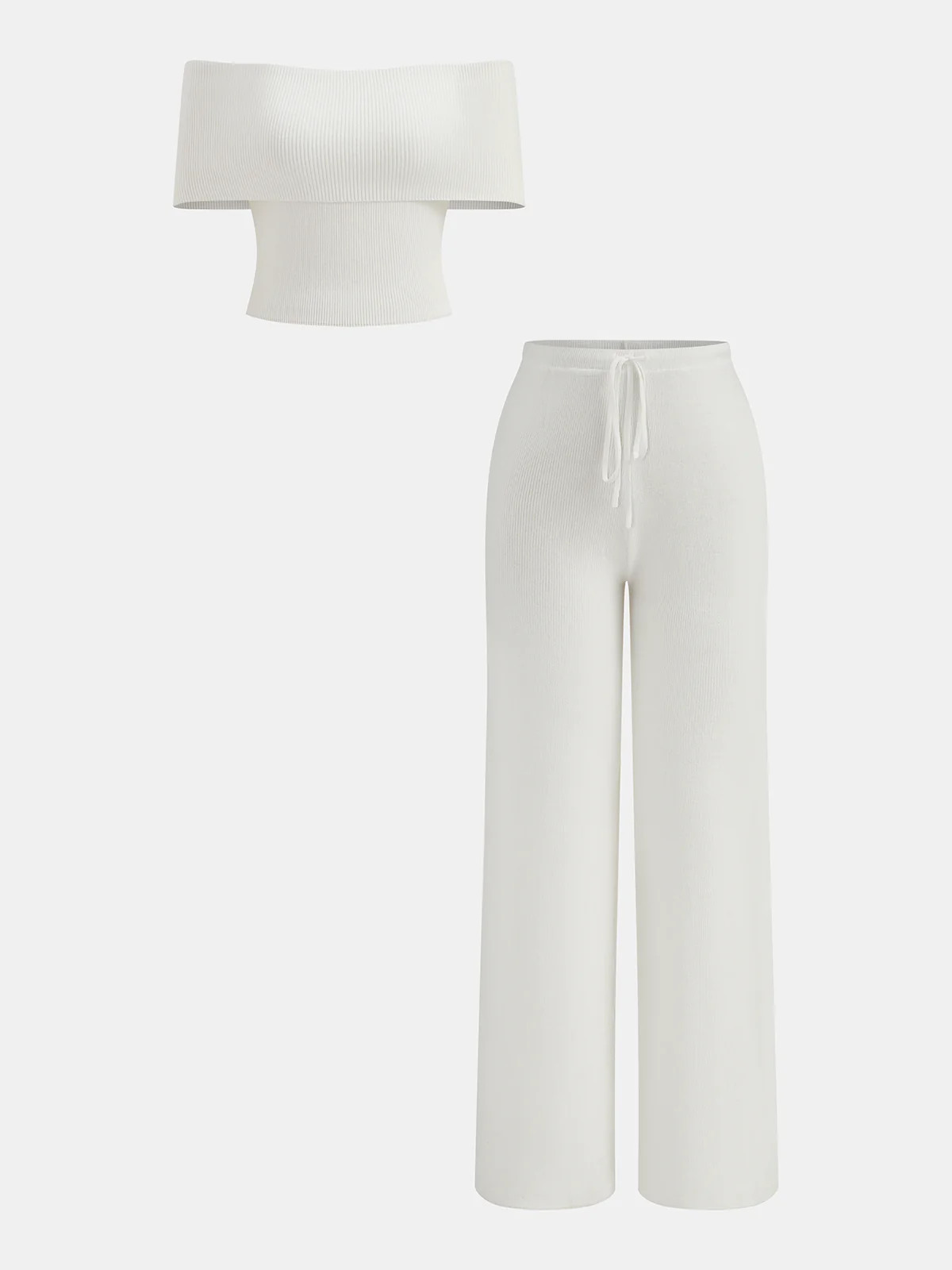 Ribbed Off-Shoulder Top & Drawstring Pants Set | Commense