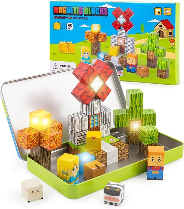 Magnetic Blocks 45 pcs Travel Toys with Light-Up Cube, Easter Basket Stuffers Kids Toddler, Magne... | Amazon (US)