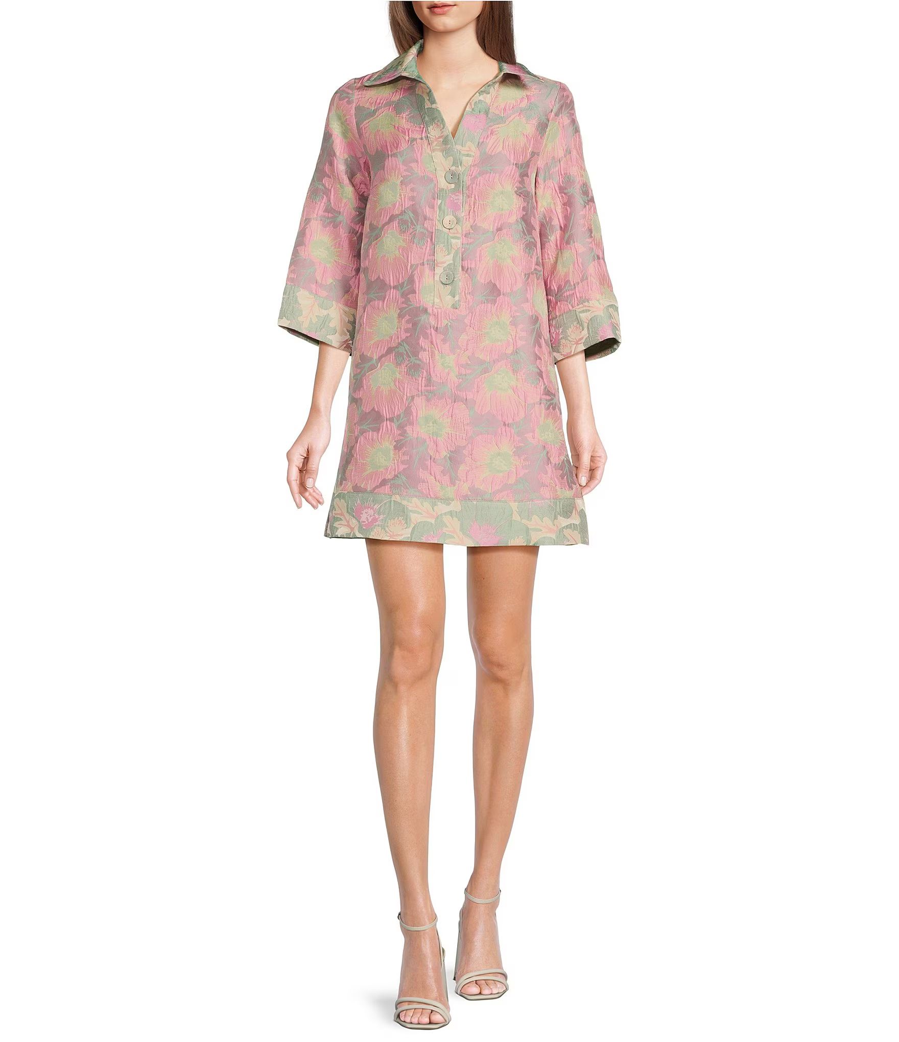 Piper Jacquard Floral Print V-Neck 3/4 Sleeve Caftan Mini Dress | Dillard's