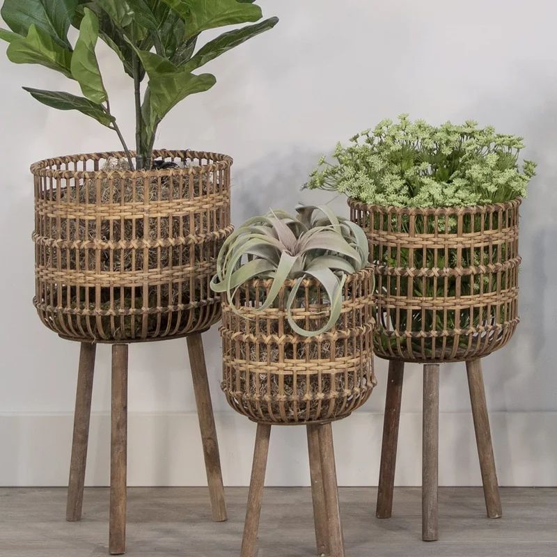 Makena 3 Piece Bamboo Planter Pots on Tripod Stands,Indoor and Outdoor, 15 L x 15 W x 26 H Inches | Wayfair North America