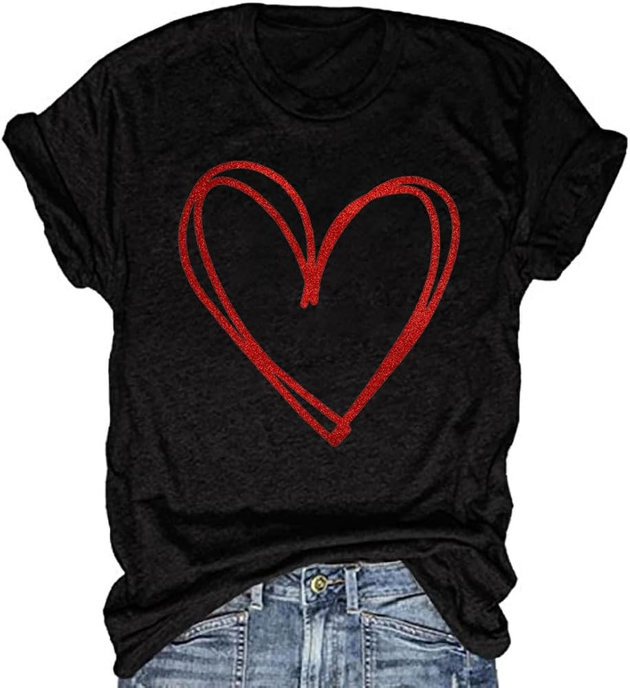 Beopjesk Womens Valentine's Day Graphic Tees Short Sleeve Heart Printed Shirts Blouse Tops | Amazon (US)