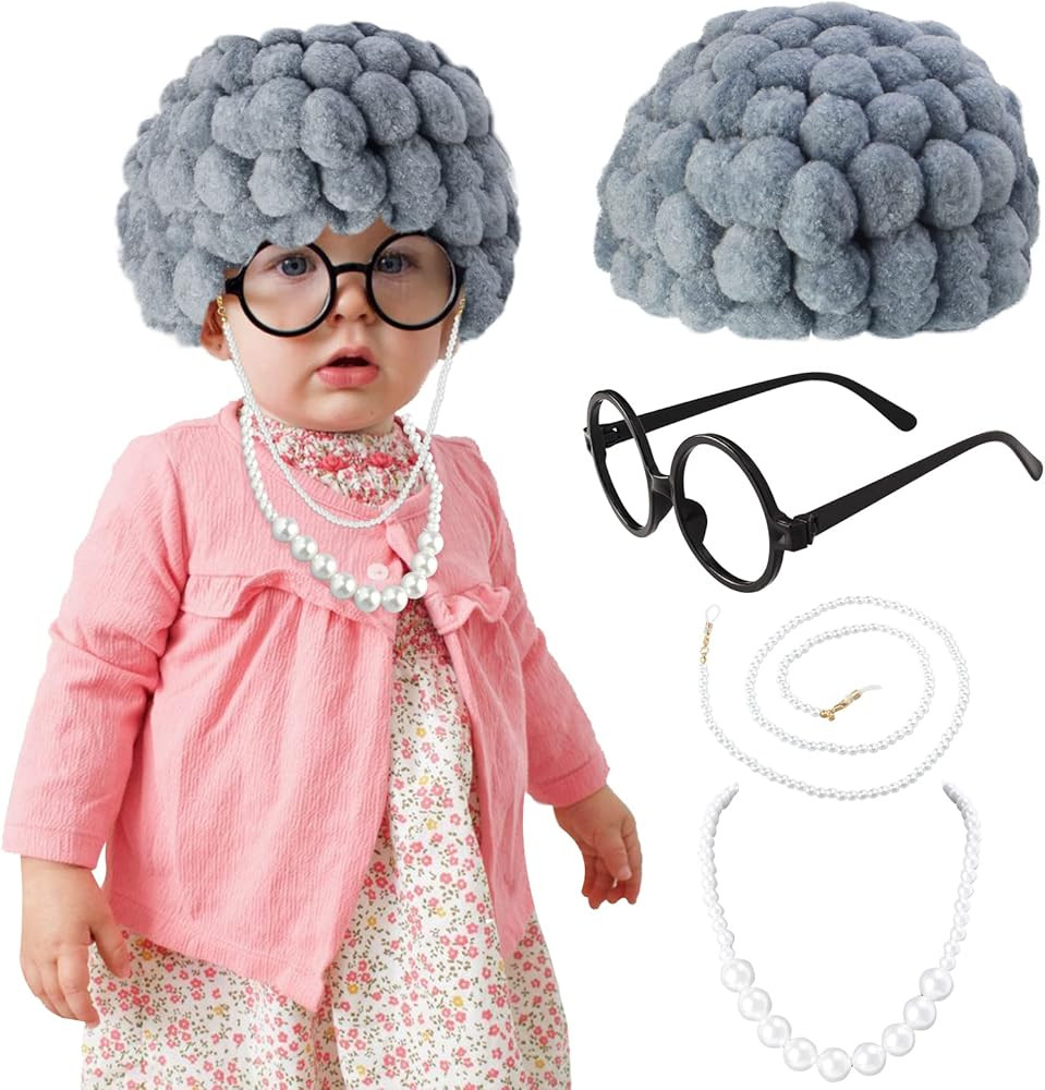 Keymall Kids Old Lady Costume Set Old Granny Wig Eyeglasses Chain Necklace for Halloween Costume ... | Amazon (US)