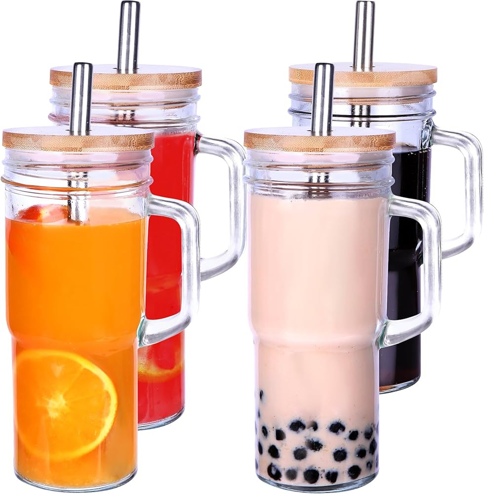 Glass Cups with Lids and Straw (Set of 4), 24 oz Tumbler Cup Mason Jars Iced Coffee Cup with Bamb... | Amazon (US)
