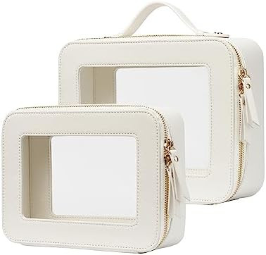 Clear Makeup Case Set White Toiletry Bag Travel Large Clear Cosmetic Bag with Zipper, Big Make Up... | Amazon (US)