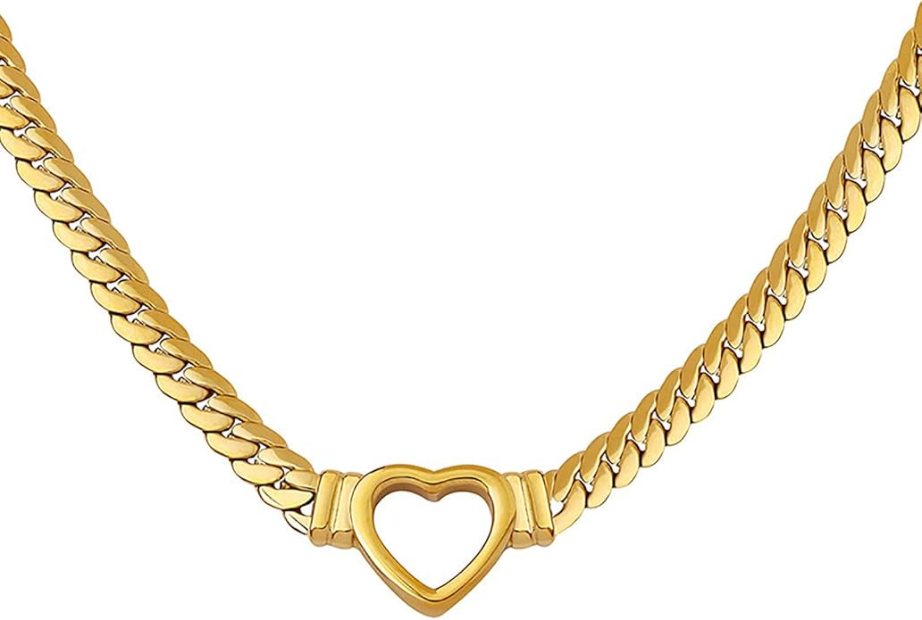 Flat Cuban Link Chunky Chain Necklace Gold Stainless Steel Hollow Heart Charms Choker Clavicle Je... | Amazon (US)