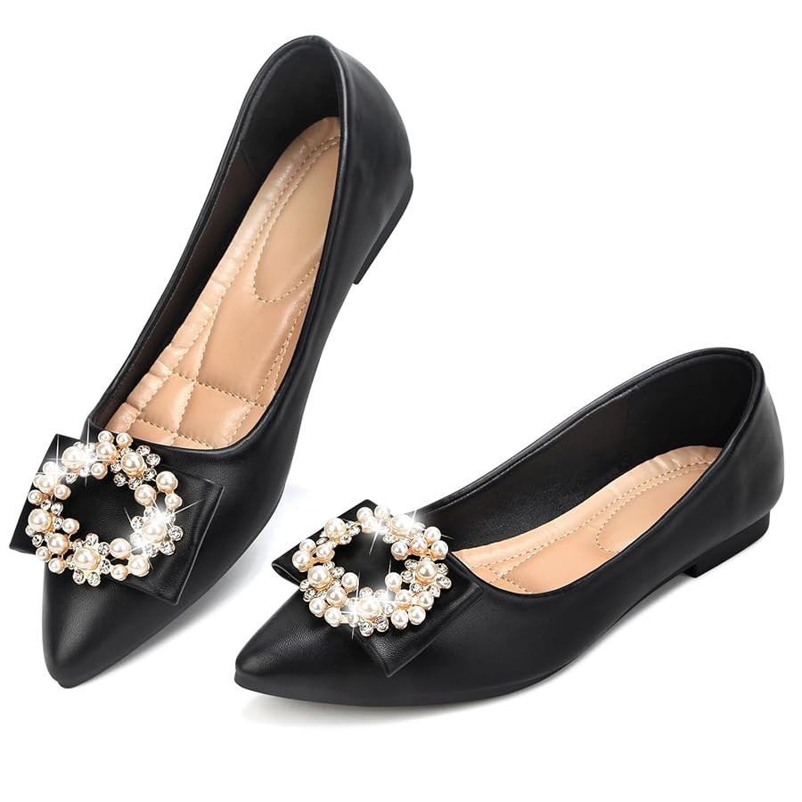 KUNWFNIX Women's Ballet Flats with Pearl Clip - Faux Suede Pointed Toe Slip On, Soft Comfortable ... | Amazon (US)