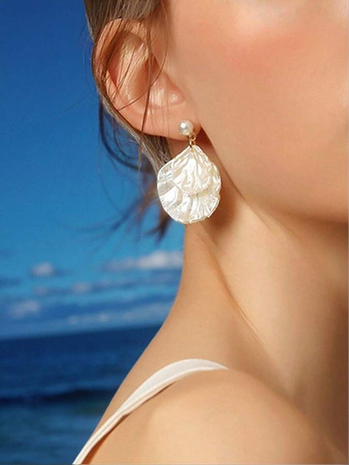 Natural Shell Earrings With Unique Design, Beach Vacation Style Ear Drops For Women's Sweet Cross... | SHEIN