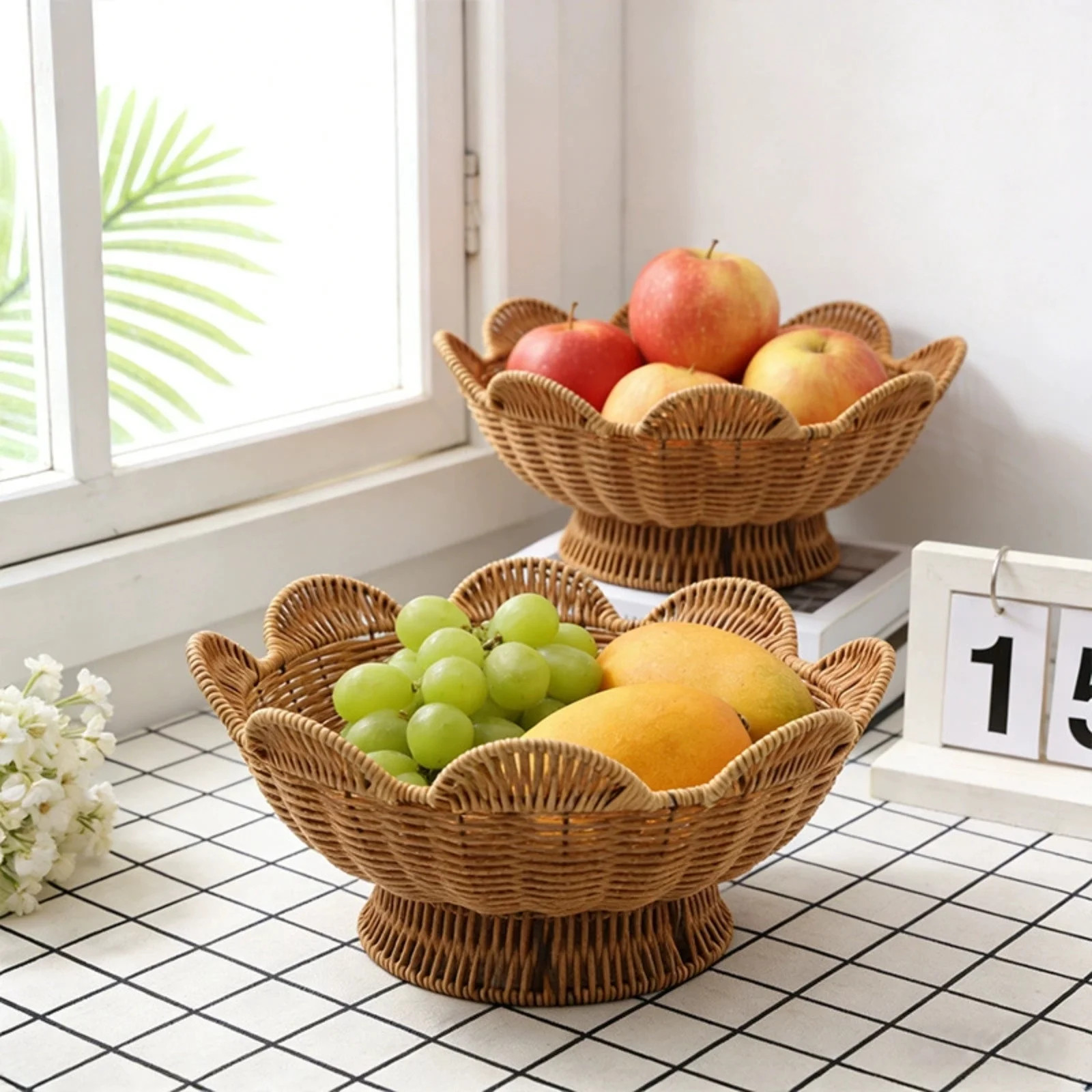 Large Woven Rattan Bowl, 12.2 Inch Natural Wicker Basket with Wavy Edge, Decorative Storage Bowl ... | Walmart (US)