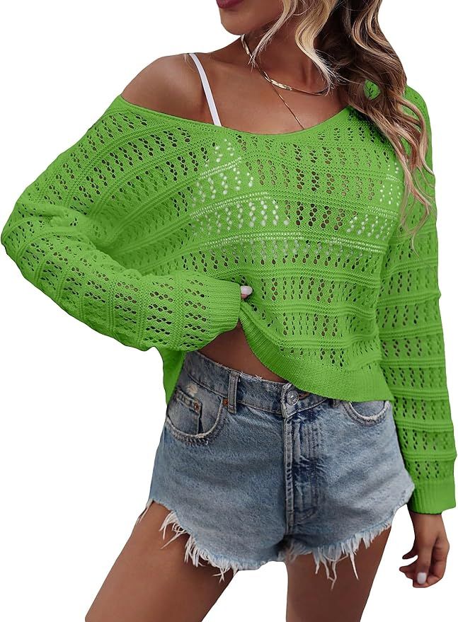 SHENHE Women's Crochet Hollow Out Drop Shoulder Scoop Neck Long Sleeve Sweater Top | Amazon (US)