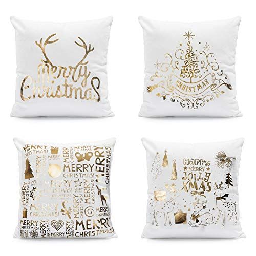JOHOUSE Christmas Pillow Covers, 4 Pack of Golden Snowflakes Christmas Happy Decorative Sofa Pillowc | Amazon (US)