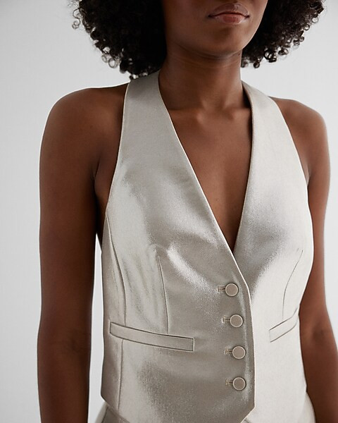 Metallic Button Front Halter Vest | Express