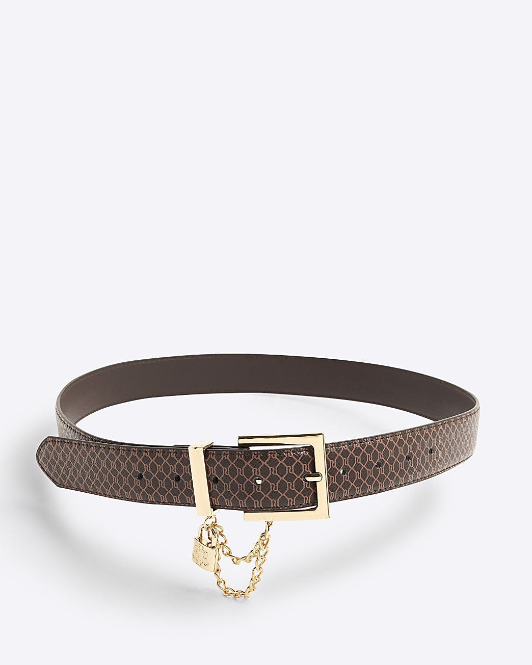 Brown Faux Leather Monogram Lock Belt | River Island UK & IE