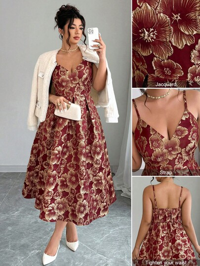 Elenzga Plus Size Women Jacquard Elegant Spaghetti Strap Dress, Suitable For Wedding Guest, Autum... | SHEIN