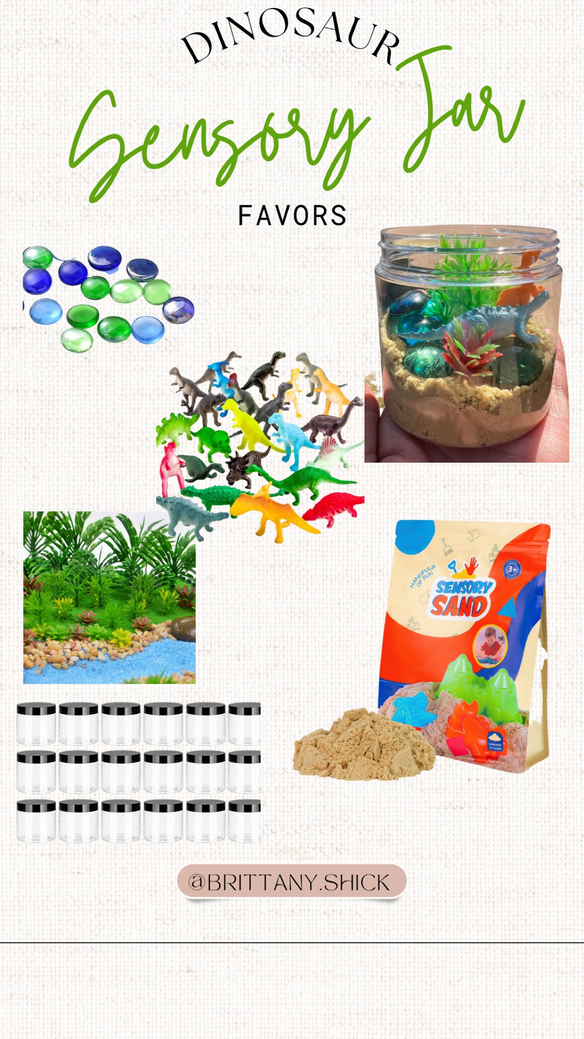 Dinosaur Jurassic Park World
7th Birthday Party Theme
Sensory Jar Kinetic Sand Party Favors
Bulk Kinetic Sand
Clear Playdoh Slime Jars Bulk
Dinosaurs
Pebbles
Greenery trees
Party decor backdrop leaves bamboo
Wooden crates

#LTKtravel #LTKkids #LTKunder50