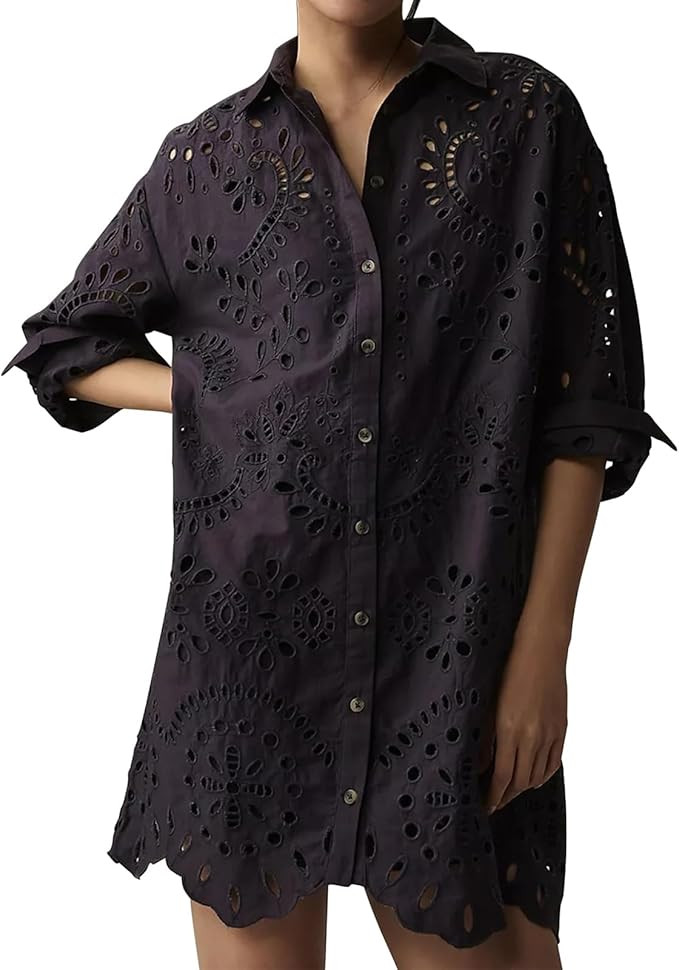 Women Button Down Shirt Dress Long Sleeve Solid Hollowed Eyelet Long Blouse Top Beach Cover Up Dr... | Amazon (US)