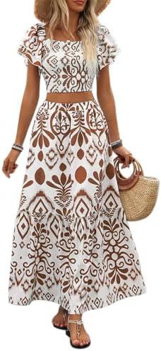 Summer Boho Dress for Women Beach Vacation,2 Pieces Casual Ruffle Smocked Crop Tops and Flowy Max... | Amazon (US)