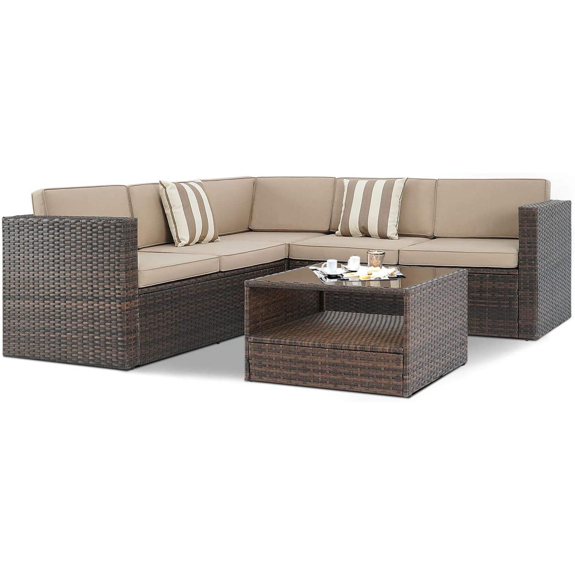 Suncrown 4Pcs Outdoor Patio Furniture Ratten Wicker Sofa Sectional Sets with Brown Waterproof Cus... | Walmart (US)