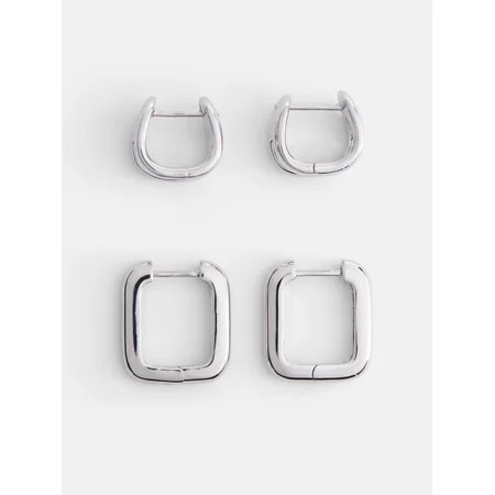 Free Assembly Women s Demi Fine Silver Plated Square Hoop Earring Set 2-Pairs | Walmart (US)
