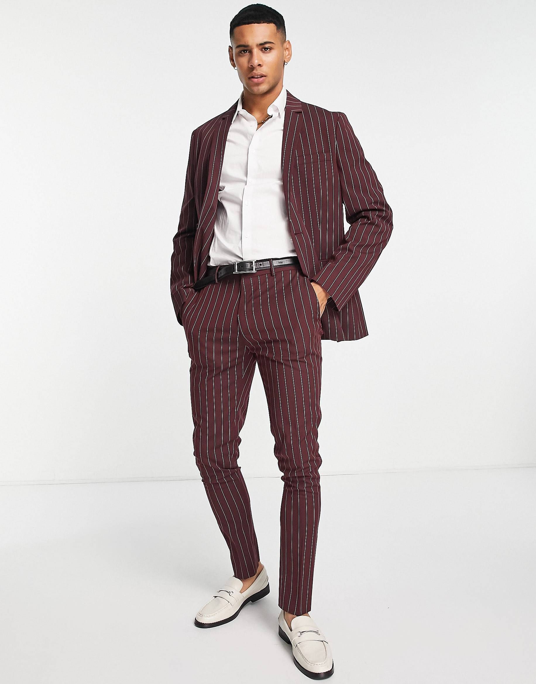 ASOS DESIGN skinny suit jacket in burgundy pinstripe | ASOS (Global)