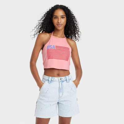 Women's USA Flag Graphic Halter Cropped Top - Coral Pink | Target