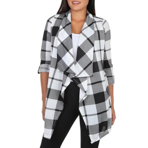 Women's Plaid Drape Front Cardigan - Black Multi-Black Multi-1823337336022   | Burkes Outlet | bealls