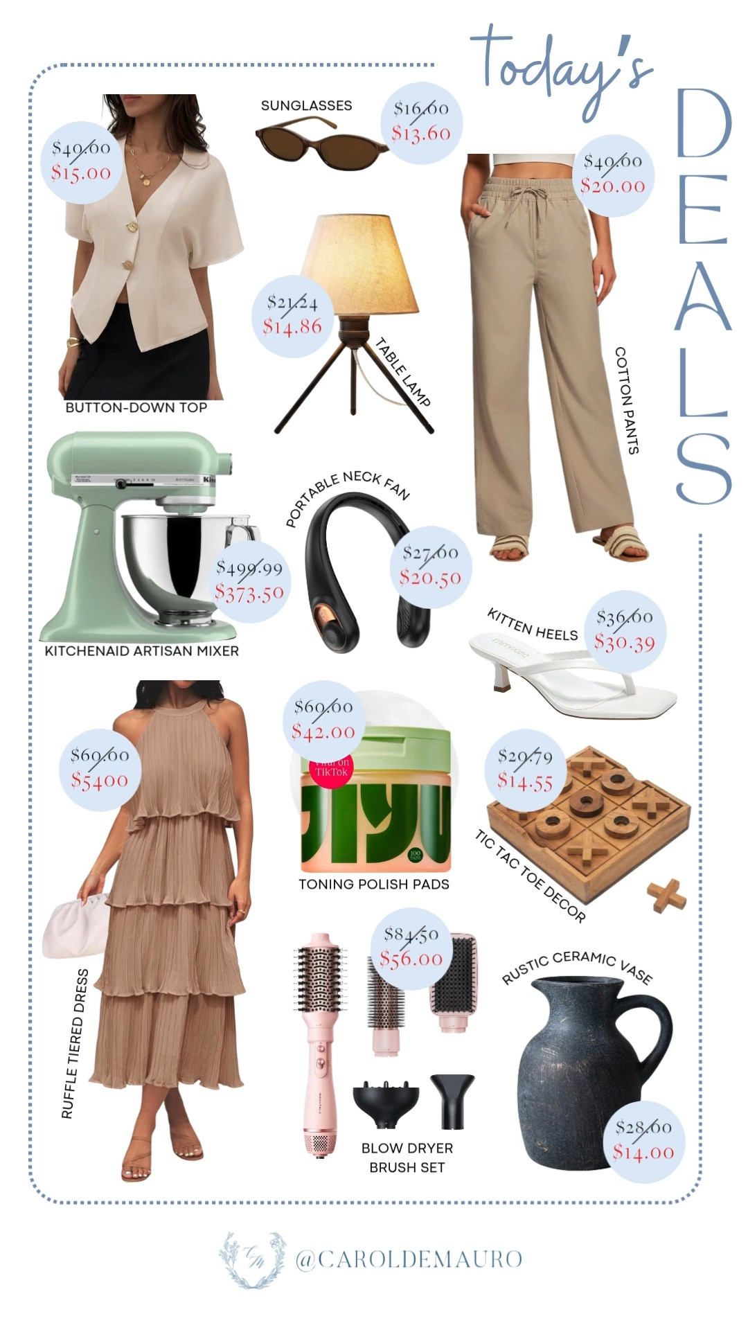 today's deals, on sale, discounted, summer must-haves, fashion deals, ruffle tiered dress, cotton pants, button down for women, kitchenaid artisan mixer, kitten heels, rustic ceramic vase, blow dryer brush set, toning polish pads, sunglasses, table lamp, tic tac toe, home decor, portable neck fan, kitchen appliance, hairstyling tool, beauty favorites