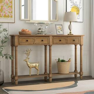 58 in. Old Pine Standard Rectangle Wood Console Table with Drawers | The Home Depot