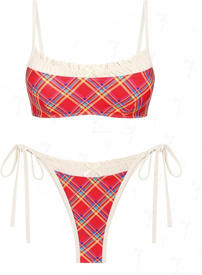Amazon.com: seamoly Vintage Gingham Spliced Ruched Ruffles Trim Bowknot Decor Tie Side Bikini Set... | Amazon (US)