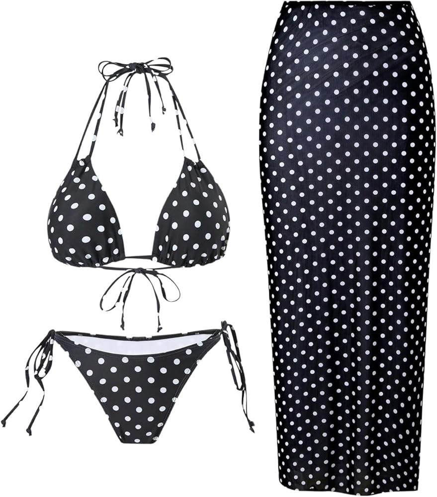 MakeMeChic Women's Bikini Sets Polka Dots Halter Tie Side Swimsuit with Beach Skirt | Amazon (US)