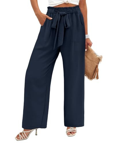 Angerella Navy Blue Pants for Women Summer High Waisted Flowy Wide Leg Pant with Pockets Adjustable Knot Lounge Trousers Casual Palazzo Pants M | Amazon (US)