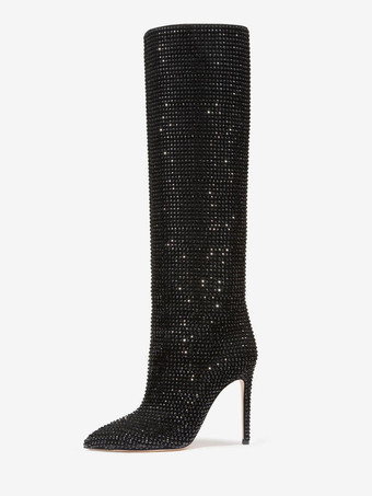 High Heel Wide Calf Boots Women Rhinestones Pointed Toe stiletto Knee High Boots Sexy Party Shoes | Milanoo