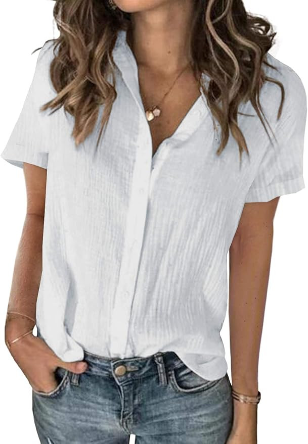 Karlywindow Womens Long Sleeve Button Down Cotton Linen Shirt Blouse Loose Fit Casual V-Neck Tops | Amazon (US)