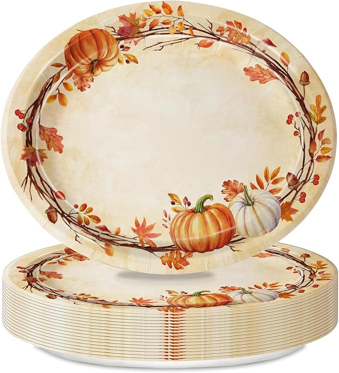 Oigco Fall Oval Paper Plates Large 9" X 11" Watercolor Pumpkins Leaves Disposable Plates for Than... | Amazon (US)
