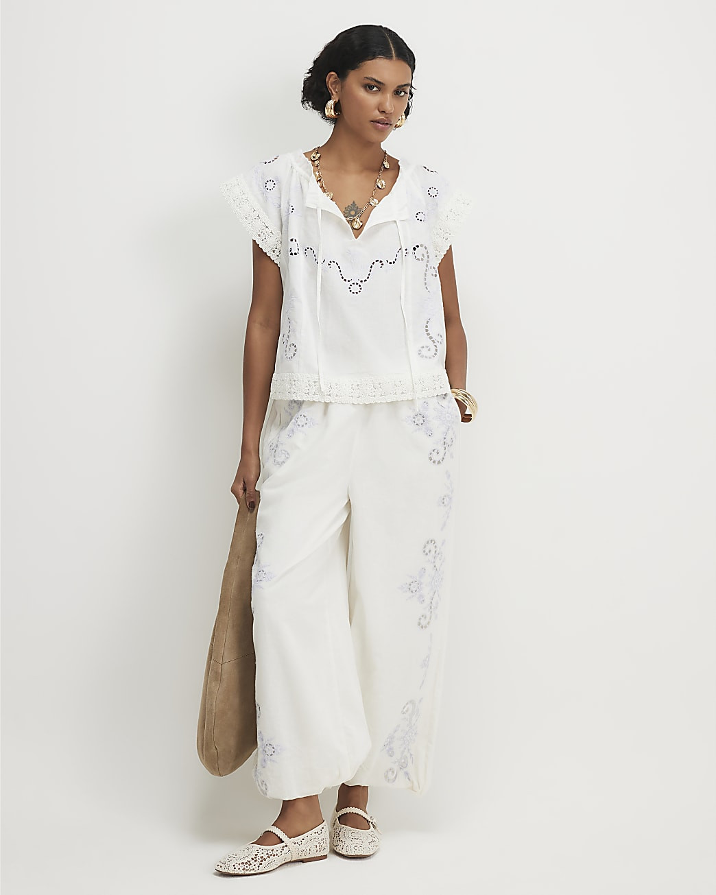 White Cutwork Balloon Leg Trousers | River Island UK & IE