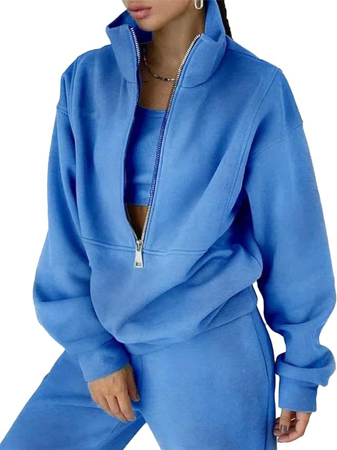 COZYPOIN Women's Fleece Two Piece Outfit Half Zip Sweatshirt and Joggers Pants Set Tracksuit | Amazon (US)