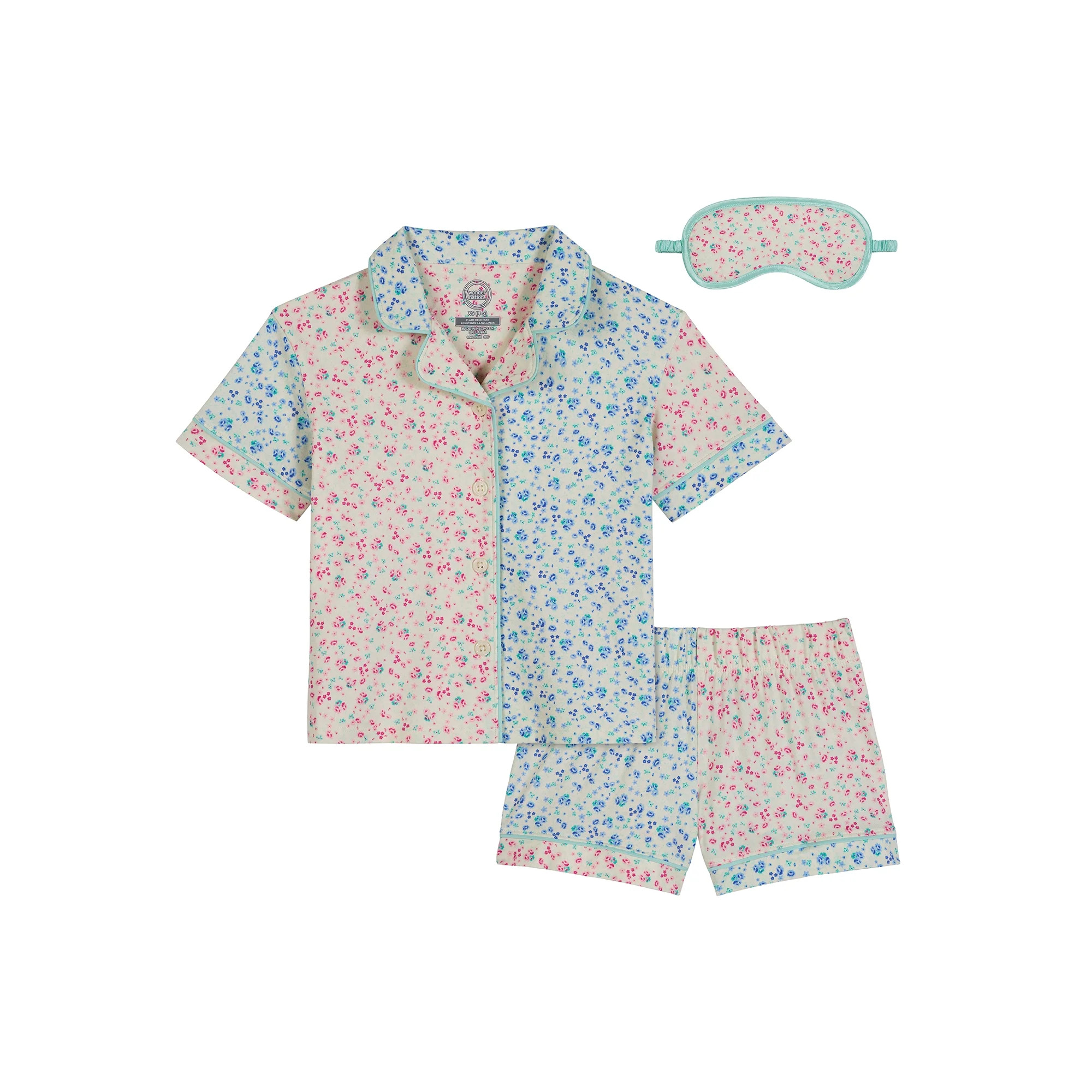 Wonder Nation Girls Short Sleeve Button Front Pajama Top and Shorts Set with Eyemask, 3-Piece, Si... | Walmart (US)