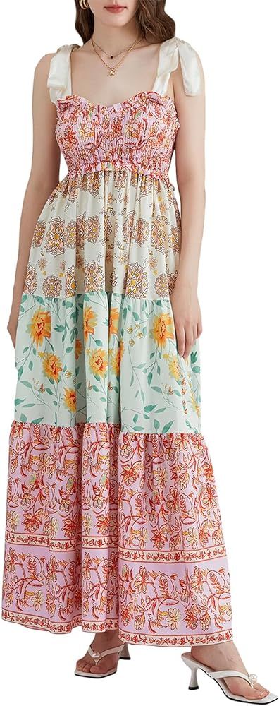 Women Floral Boho Maxi Dress Tie Shoulder Sleeveless Smoked Chest Tiered Flowy Dress Sweetheart y... | Amazon (US)